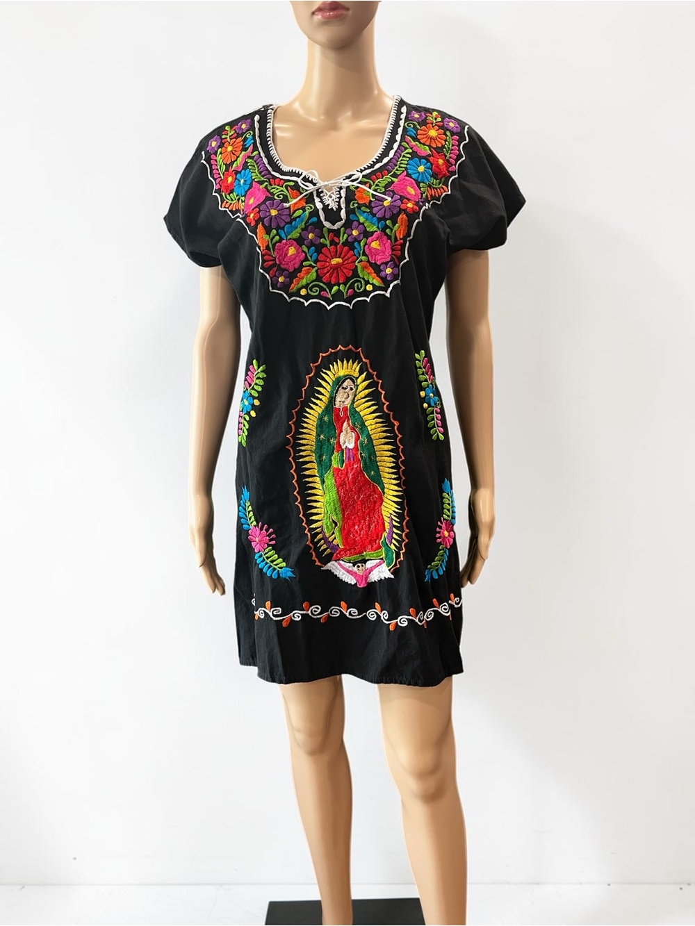 Mexican Embroidered Dress Black Cotton Virgen de Guadalupe Virgin Mary Boho M/L